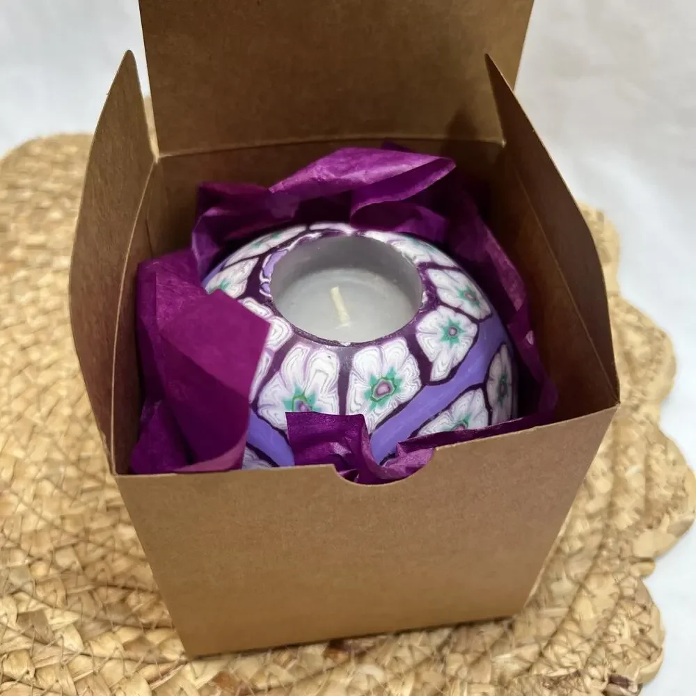 Vintage 90s 4” Lavender Purple Teal White Millefiori Candle Glow Psychedelic